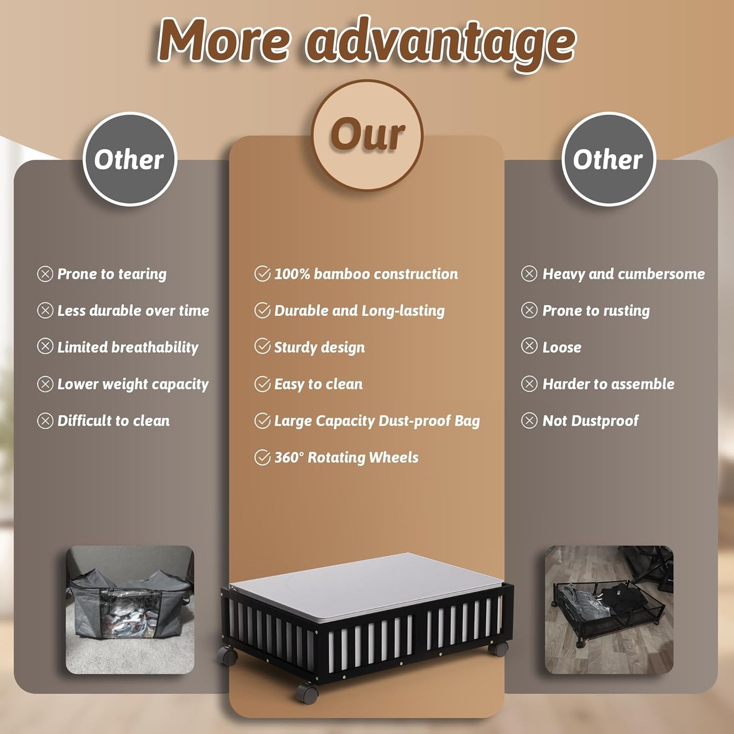 Bamboo Under Bed Storage Containers with Wheels, Rolling Under the Bed Shoe Storage Bins, Wood Stackable Underbed Drawers with Bag Organizer for Bedroom Closet Clothing Sweater Under Crib Toy Black