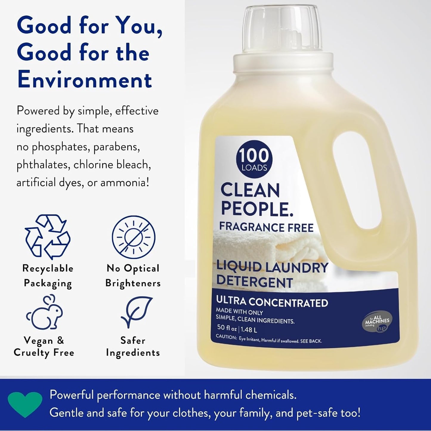 The Clean People Liquid Laundry Detergent - Recyclable Packaging, Stain Fighting - Ultra Concentrated, Laundry Soap - Fragrance Free, 200 Loads
