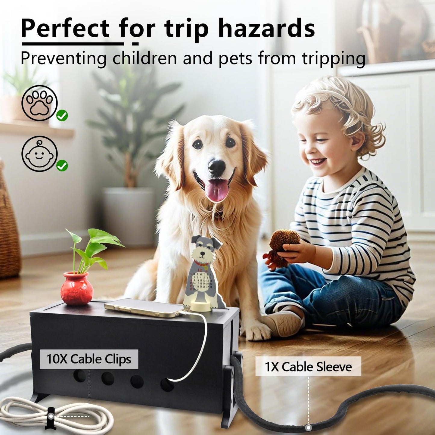 Large Cable Management Box, Wood Cord Hider Box & Organizer for Power Strip Hider Cable Storage for Office, TV Wires, Desk Cord Organizer, 14.2" x 6" x 6.3", Black, Wood