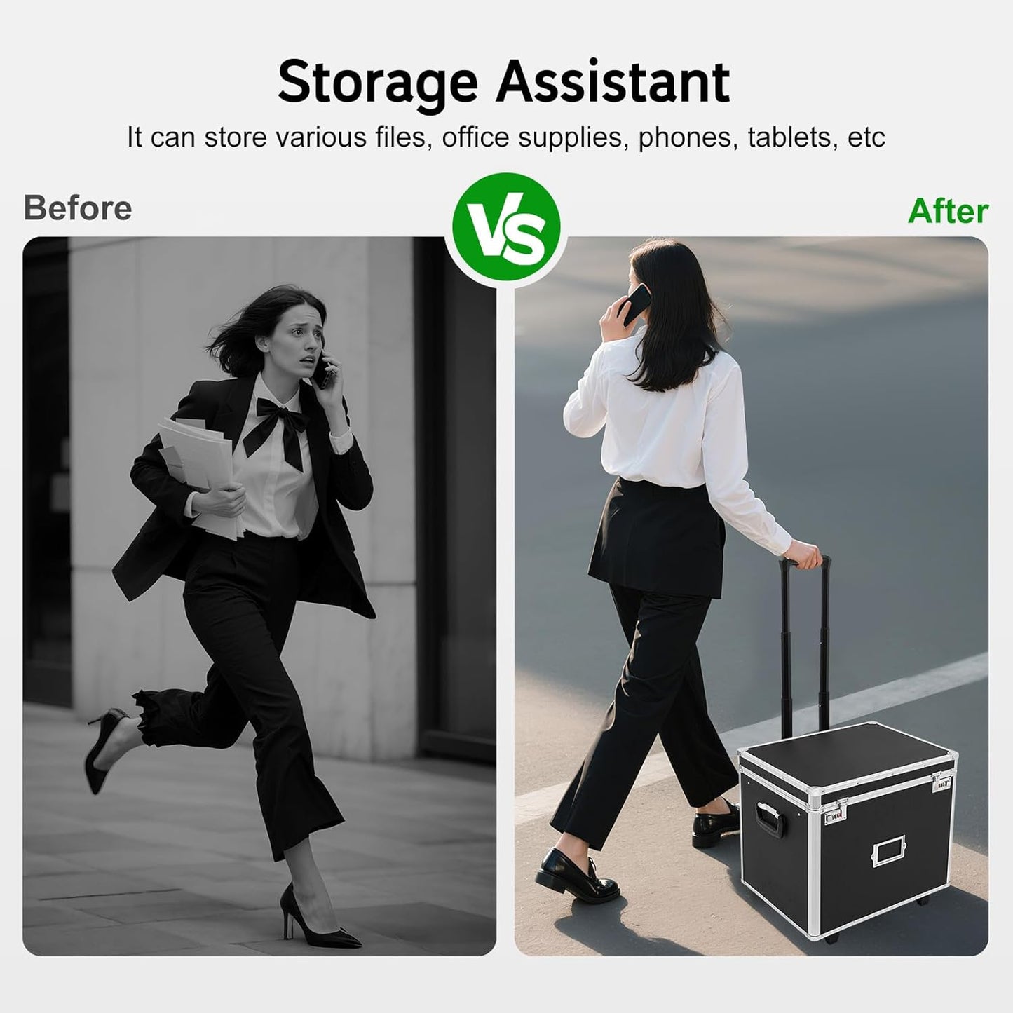 Locking Mobile File Box Letter/Legal Size File Chest, File Box with Lock Sturdy Wheels and Telescoping Handle, Portable Home Office Filing Cabinet for Heavy Files Transport