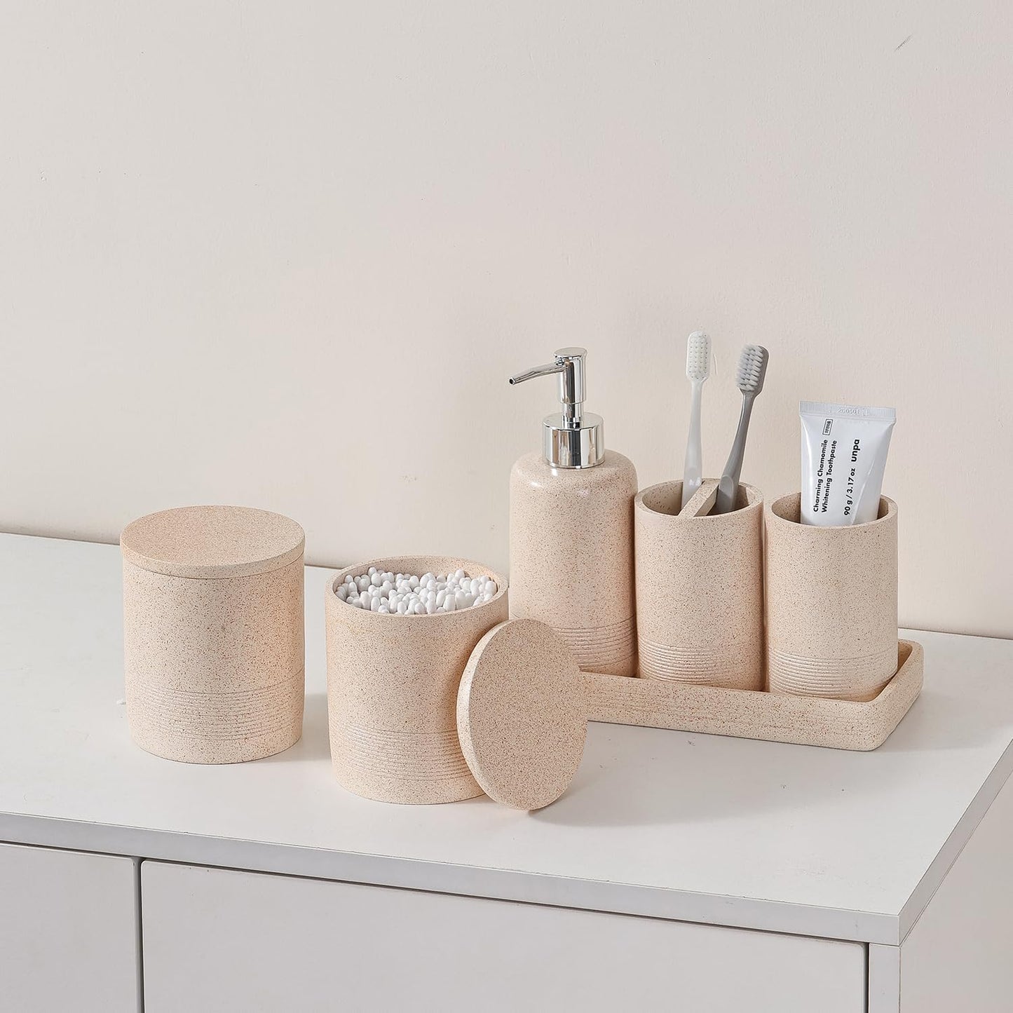Bathroom Accessories Set, 6 PCS Modern Rustic Resin Bathroom Organizer Set, Toothbrush Holders Set, Soap Dispenser, Vanity Tray, Tumbler, Cotton Swab Jars (Beige)