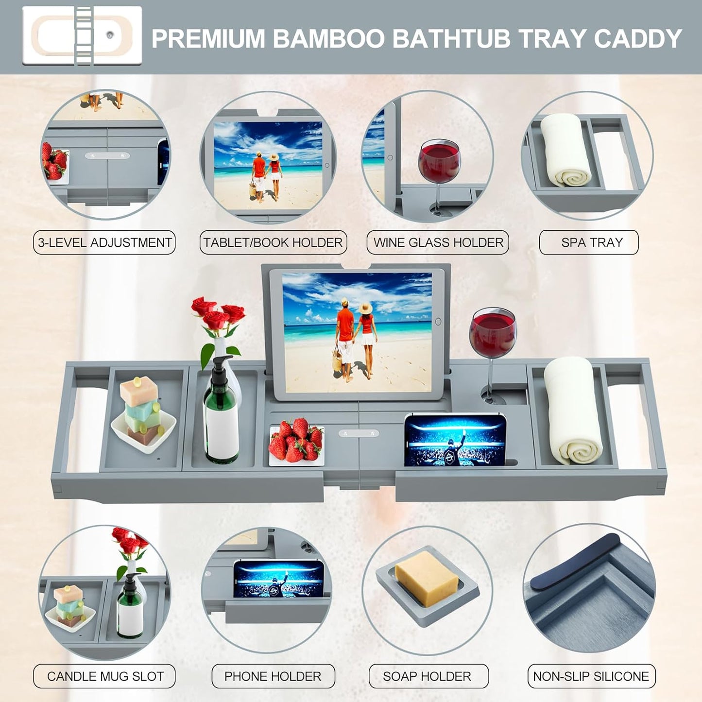 Premium Bamboo Bathtub Caddy - Expandable Size, Fits Most Bath Tubs - Grey