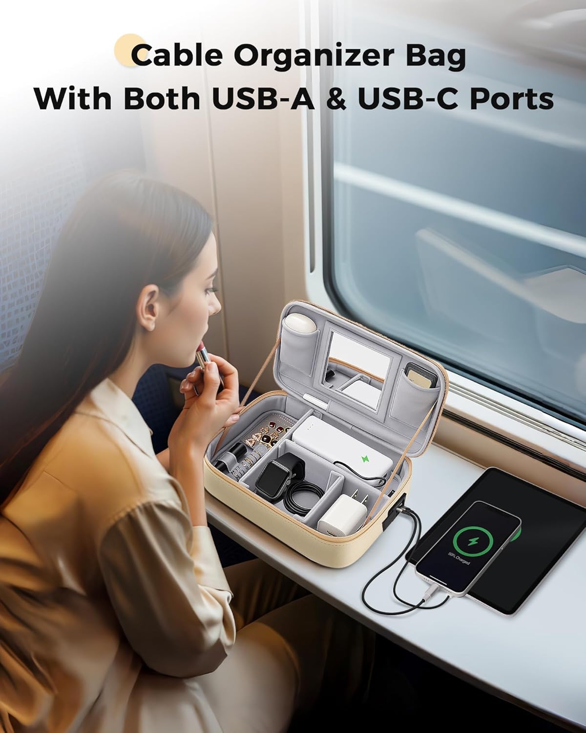 MATEIN Charger Cord Organizer with USB-C & USB-A Ports, Hardshell Cable Organizer Bag Cord Storage for Travel, Water Resistant 2-in-1 Electronics Case for Tech Accessories and Cosmetics, Apricot