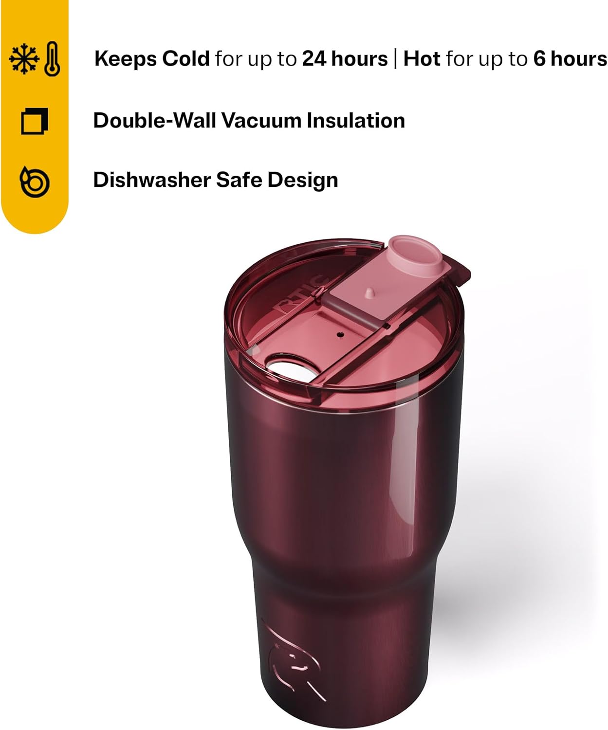 RTIC 30oz Essential Tumbler with Lid, Ceramic Lined, Insulated, Stainless Steel, Metal, Double Wall Vacuum-Insulation, Travel Cup for Iced Coffee, Tea, Hot and Cold Drink, Vintage Rose Metallic