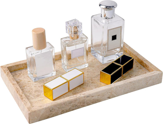 WORHE Italy Natural Marble Vanity Tray for Jewelry, Perfume, Makeup, Candle, Modern Decorative Trays for Bathroom Bedroom Dresser Rectangle Kitchen Storage Organizer for Home Decor Light Brown (WH038)