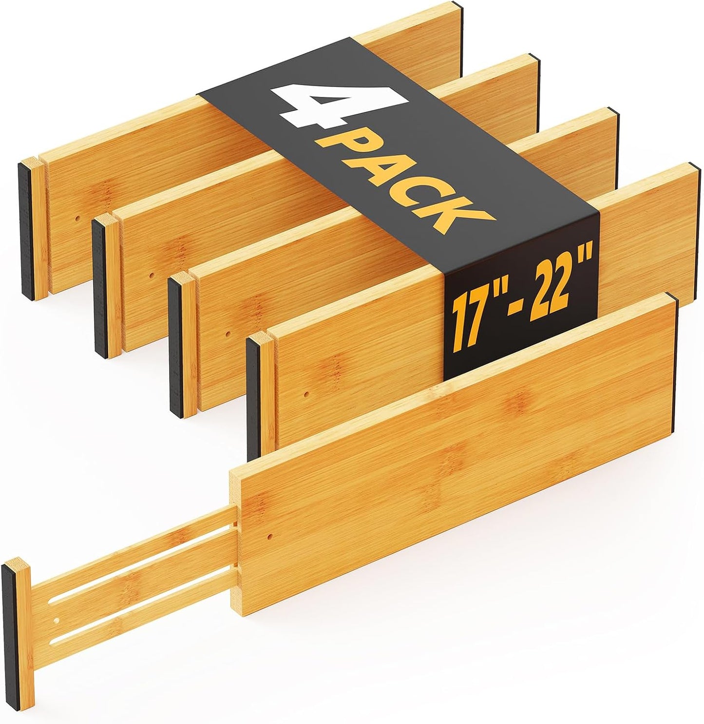 SpaceAid Bamboo 4 Pack Dresser Drawer Dividers, 4.65“ High Adjustable 17“-22” Drawer Organizers, Expandable Organization for Clothing, Clothes, Dressers, Natural