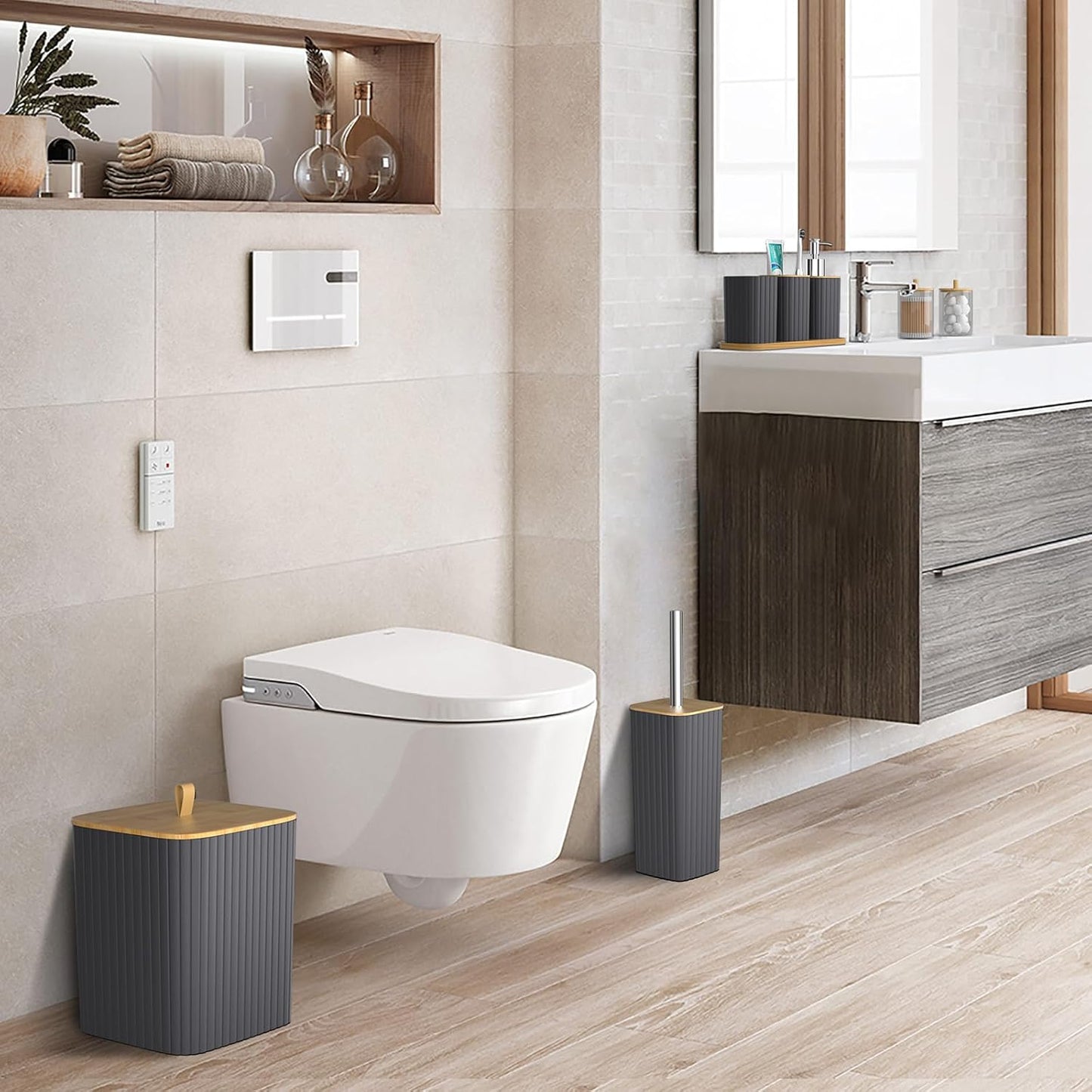 Bathroom Accessories Set - 22PCS Bathroom Set with Shower Curtain, Trash Can, Toilet Brush Holder Set & Soap Dispenser – Stylish & Functional Bath Decor for Home, Apartment, Grey