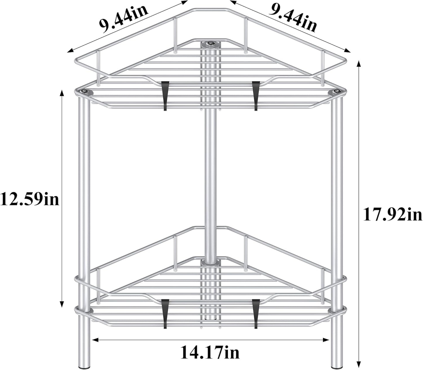 2 Tier Floor Standing Corner Shower Caddy Organizer Shelf with Hooks, Bathroom Shelves Stand Rack, Silver