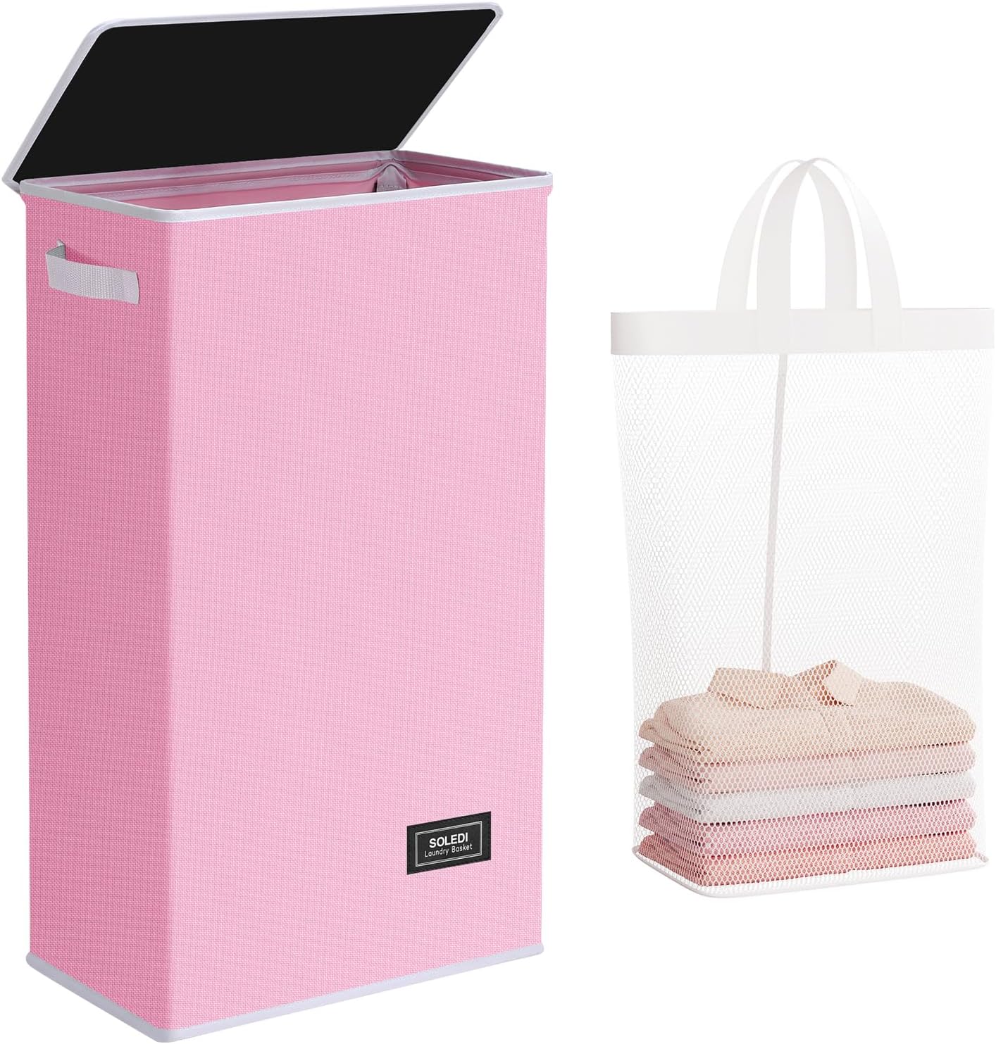 SOLEDI Slim Laundry Hamper with Lid, Narrow Laundry Basket with Removable Bags, Dirty Clothes Hamper with handle, Small Hamper perfect for Laundry room, Bathroom, Bedroom, Small spaces. 70L Pink