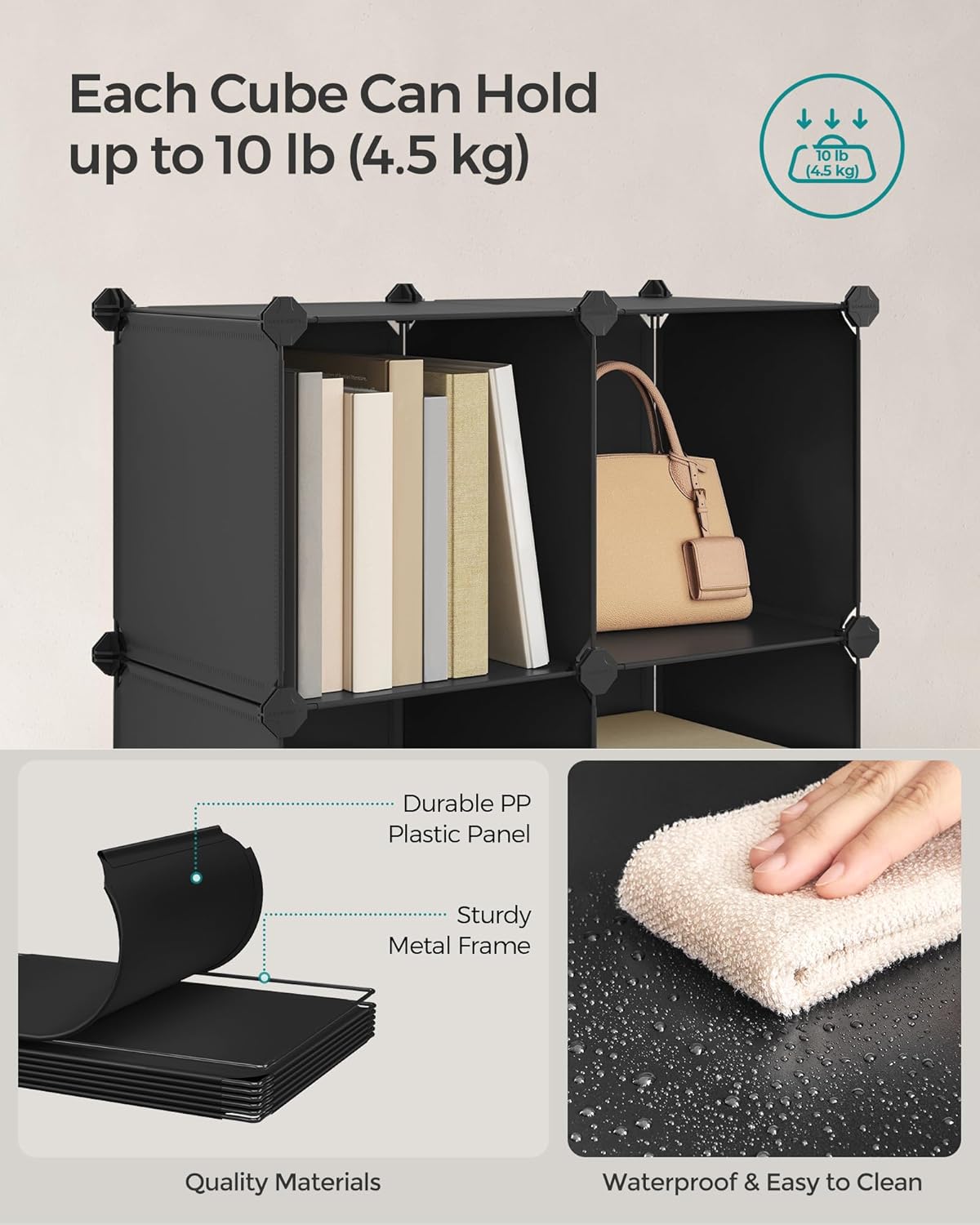 SONGMICS Cube Storage Organizer, Set of 9 Plastic Cubes, Closet Storage Shelves, DIY Plastic Closet Cabinet, Modular Bookcase, Shelving with Doors for Bedroom, Living Room, Black and White ULPC116HS