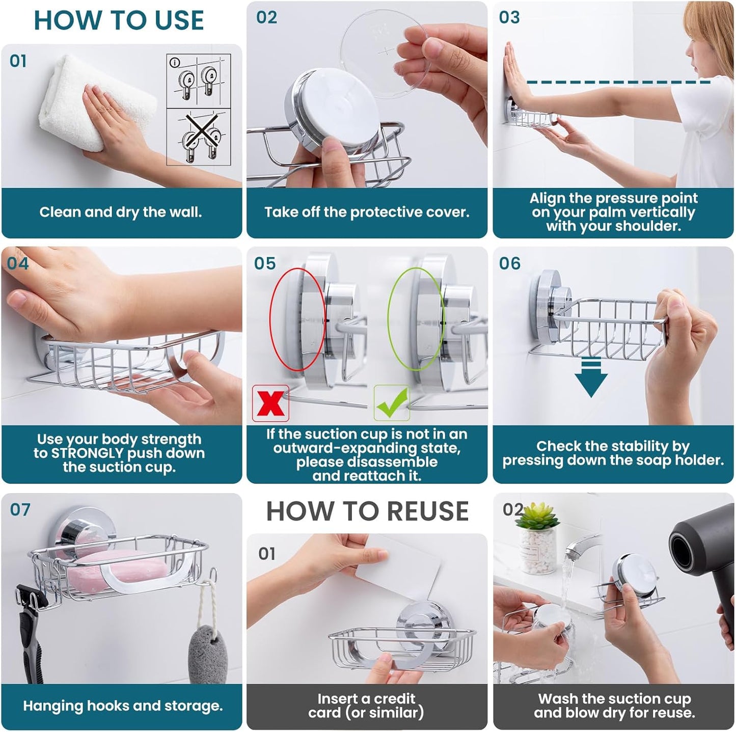 TAILI Soap Dish Holder with Hooks, Bar Soap Tray Saver Suction Cup with Razor Holder for Shower Wall, Rustproof Stainless Steel Bath Shampoo Caddy for Bathroom Accessories Organizer, Silver