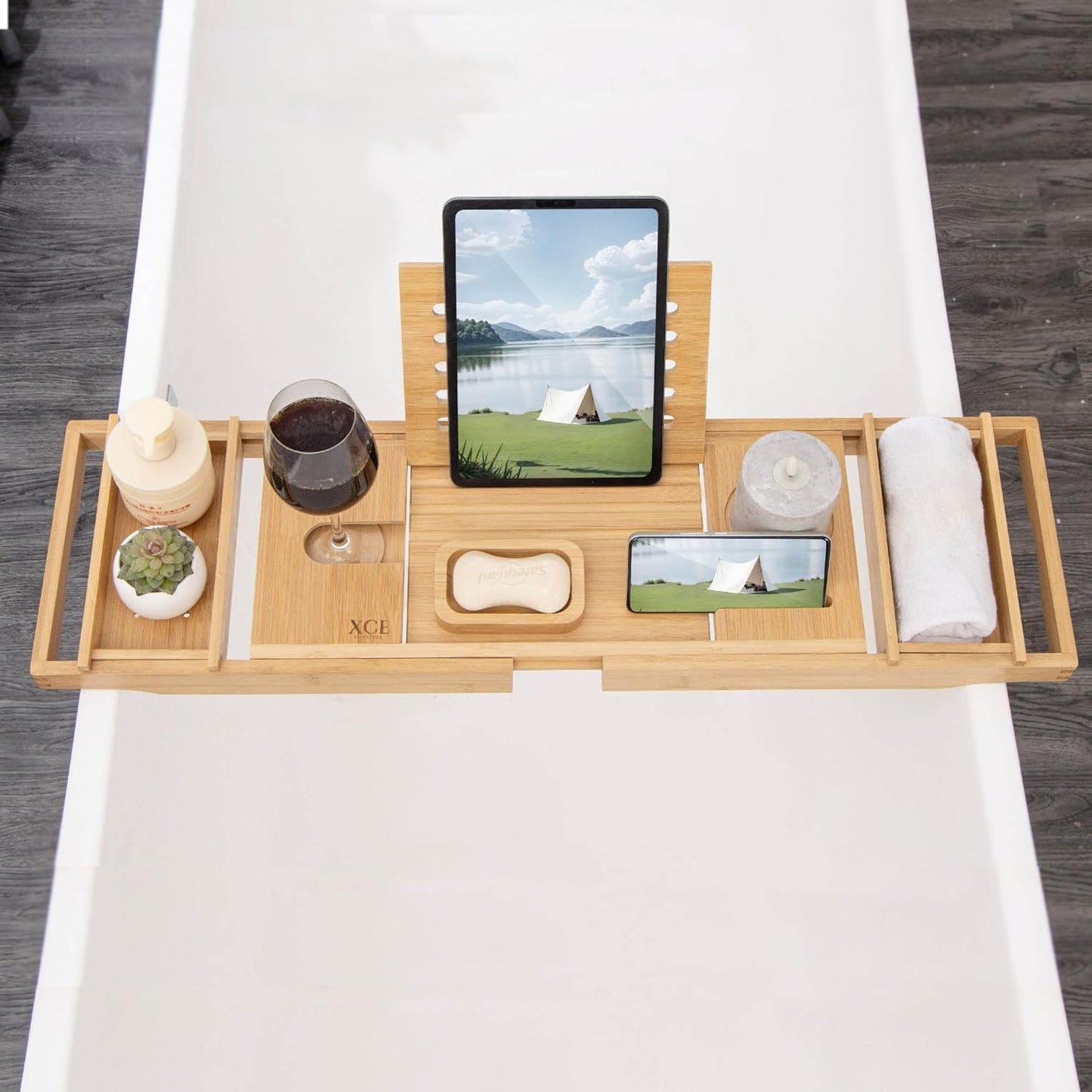 XcE Bathtub Caddy Tray Expandable to 105cm with Bamboo Book Stand and Soap Tray, Natural
