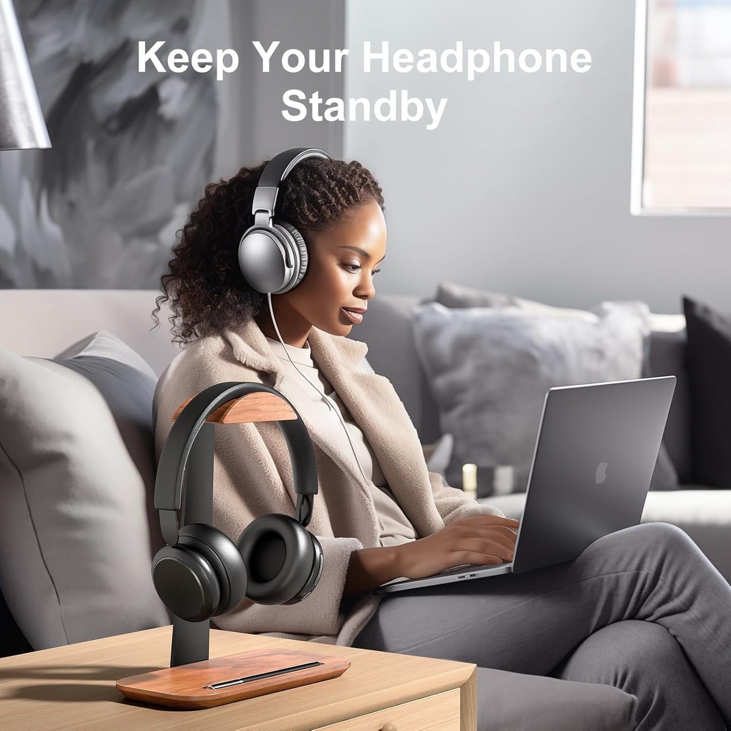 UPERGO Walnut Headphone Stand, Wood Headset Stand for Desk, Universal Headphone Holder with Storage Base for Gaming, Airpod max, Bose,Razer