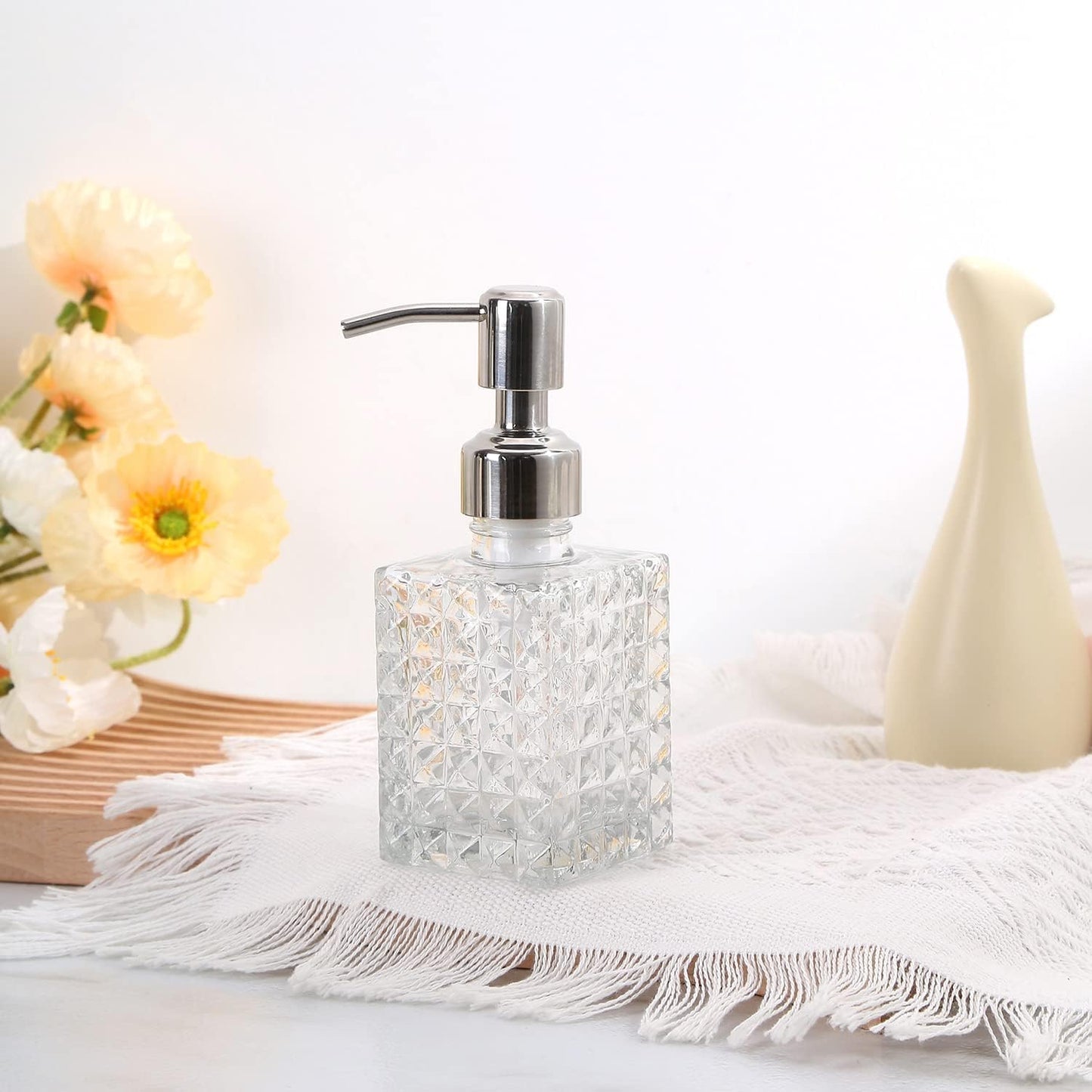 Soap Dispenser with Stainless Steel Pump, Clear Crystal Design, Vintage and Elegant, Refillable Liquid Hand Soap Dish Soap Dispensers for Bathroom Counter, Kitchen Sink (Style 4)
