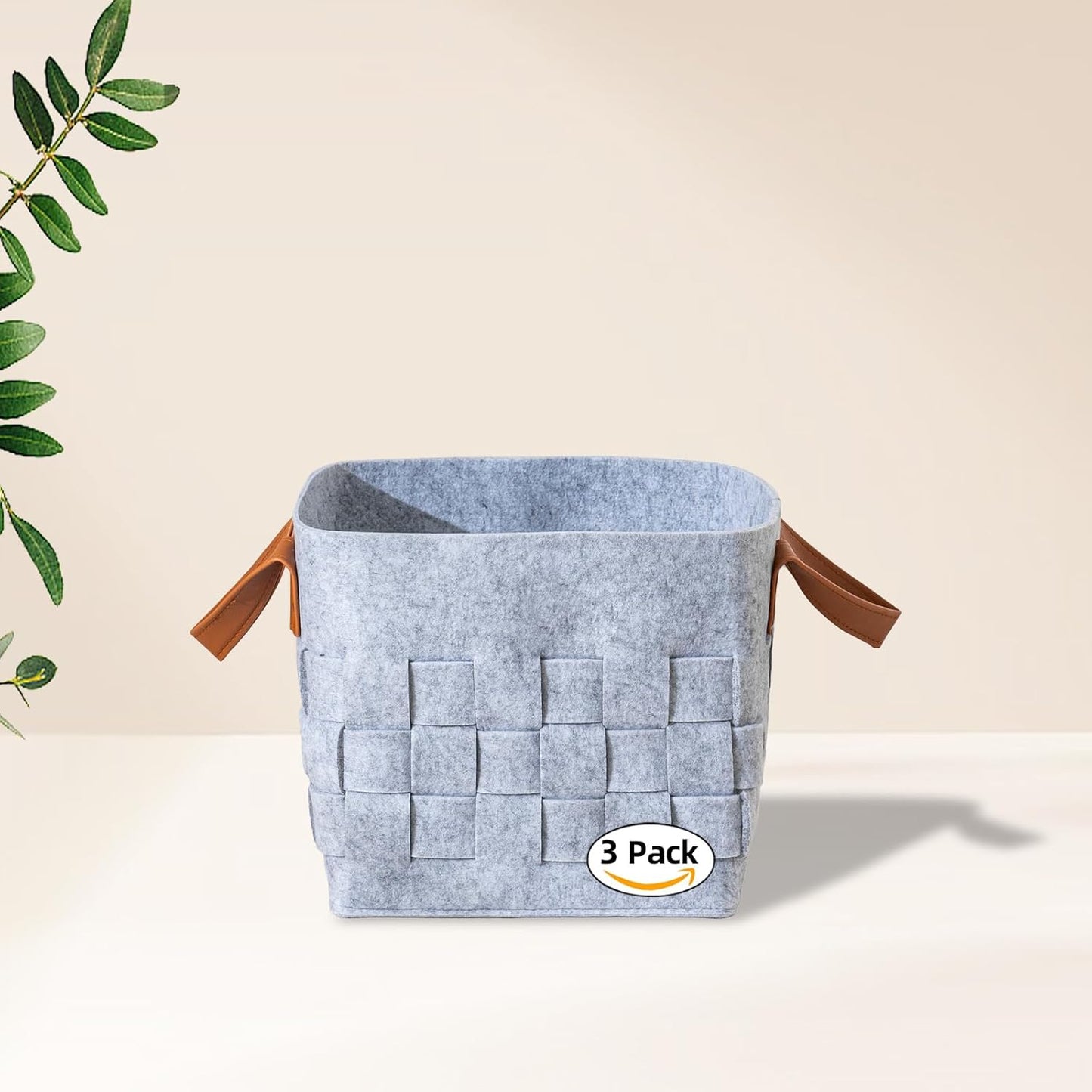 10 Inch Cube Storage Basket 3 Pack, Blanket Baskets with Leather Handle, Felt Fabric Storage Bin for Shelves,Square Baskets for Toys Nursery Living Room,Light Grey