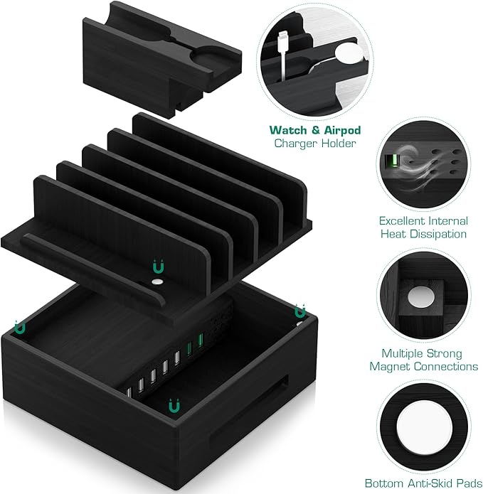 Bamboo Charging Station for Multiple Devices - Darfoo Family Charging Station with 7 USB Ports and 1 Stand for Watch-Earbud, 7 Short Charging Cables, Black