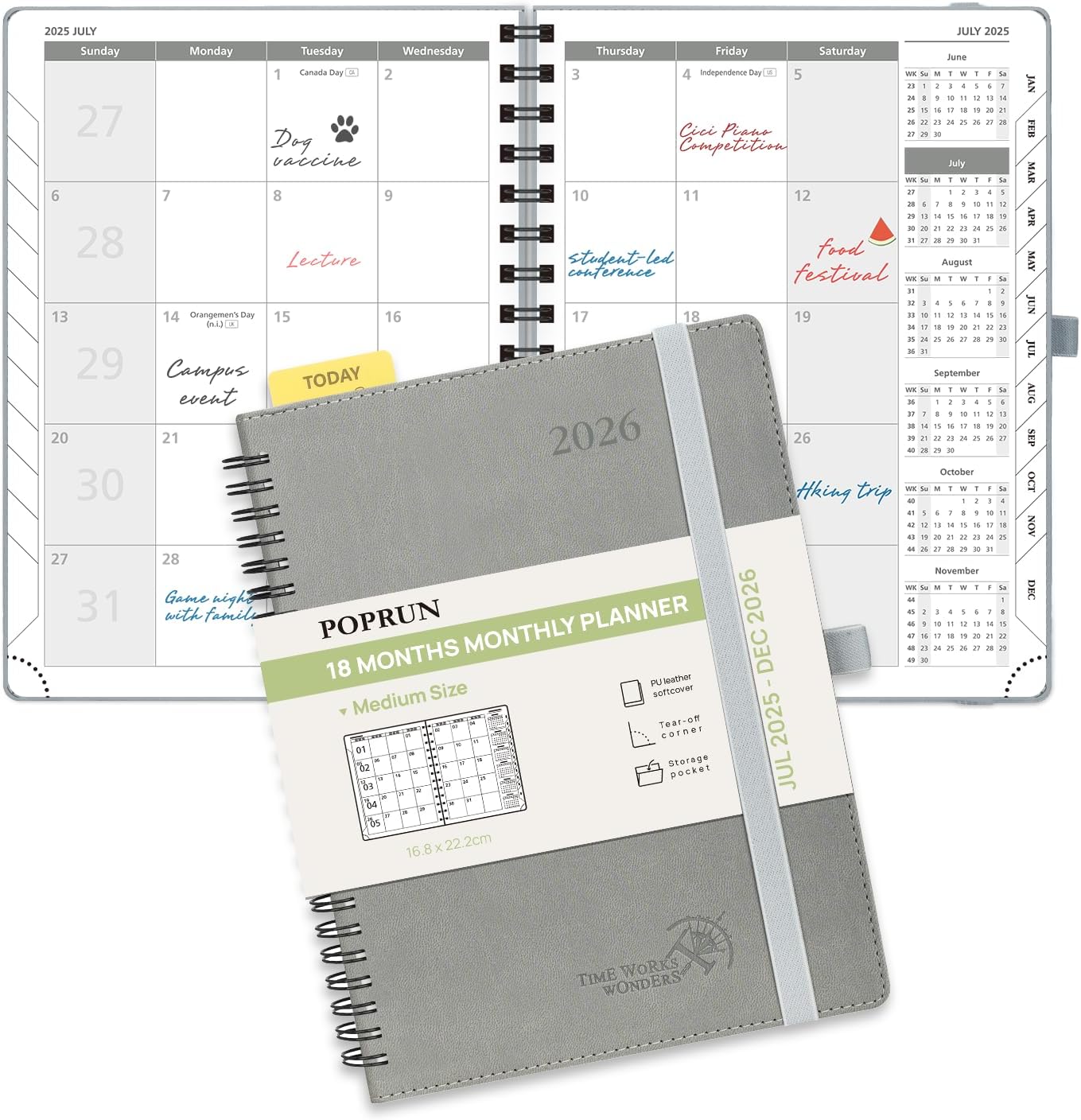 POPRUN Monthly Planner 2025-2026 Spiral Bound (6.5" x 8.5") 18 Months Calendar (Jul 2025 - Dec 2026) - 4 Pages per Month with Monthly Expense & Notes, Sunday Start, Leather Cover - Grey