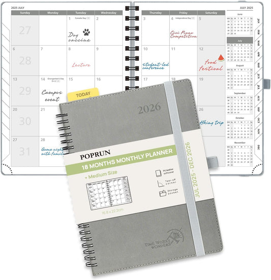 POPRUN Monthly Planner 2025-2026 Spiral Bound (6.5" x 8.5") 18 Months Calendar (Jul 2025 - Dec 2026) - 4 Pages per Month with Monthly Expense & Notes, Sunday Start, Leather Cover - Grey