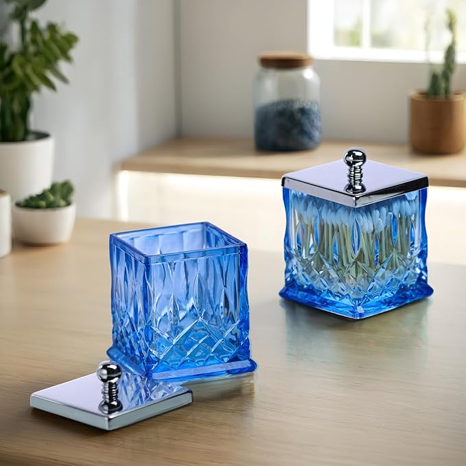 Qtip Holder,15Oz Blue Glass Apothecary Jars with Silver Lids for Bathroom Organization & Desk Storage,Thick Glass Apothecary Jars for Q-Tips,Cotton Rounds,Jewelry,Candy,Square