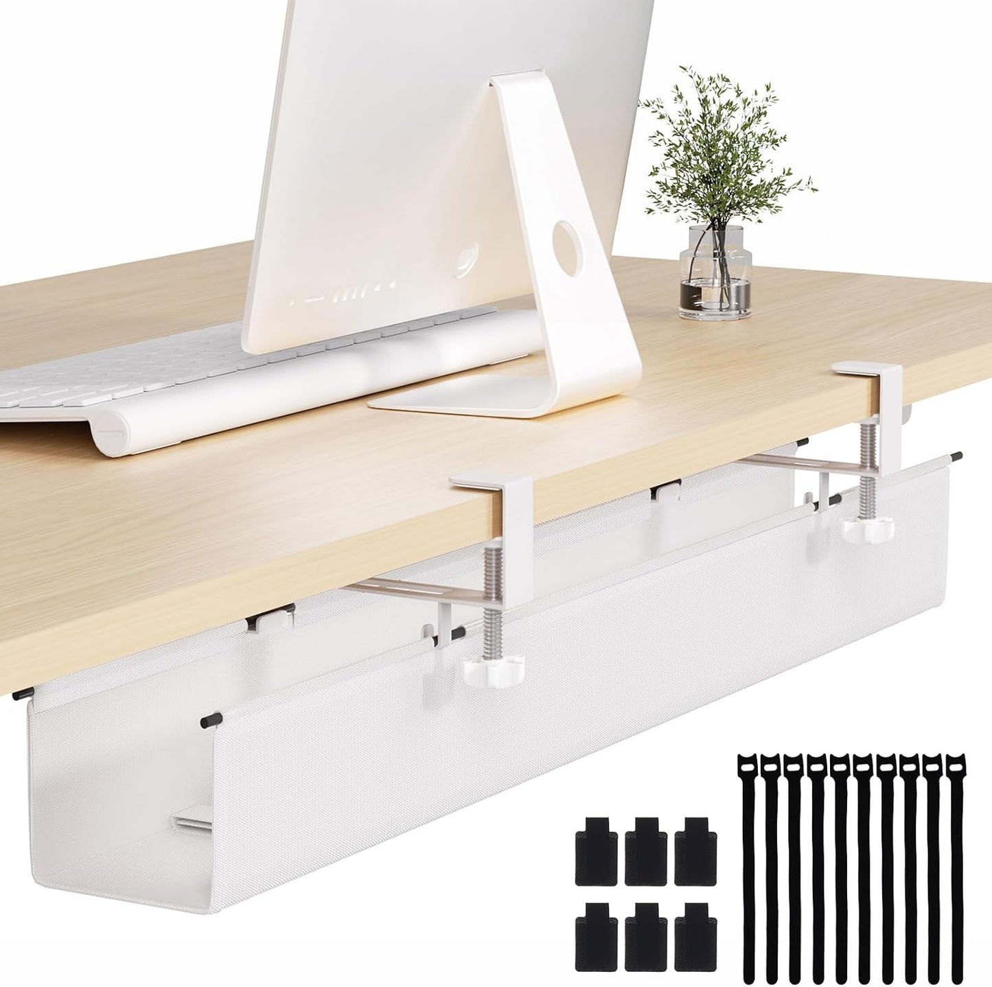 Under Desk Cable Management Tray 39.7" - No Drill Computer Wire Organizer Cable Tray, Cord Hider Clamp Mount with 16X Cable Ties PC Cables Management Cord Holder for Office/Home (Upgrade Fabric,White)