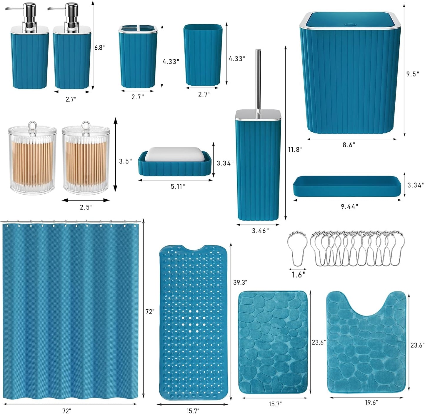 Bathroom Accessories Set - 26PC Gorgeous Teal Bathroom Set, Bathroom Accessory Set, Shower Curtain Set with Bathtub Mats for Shower Tub, Trash Can & Soap Dispenser