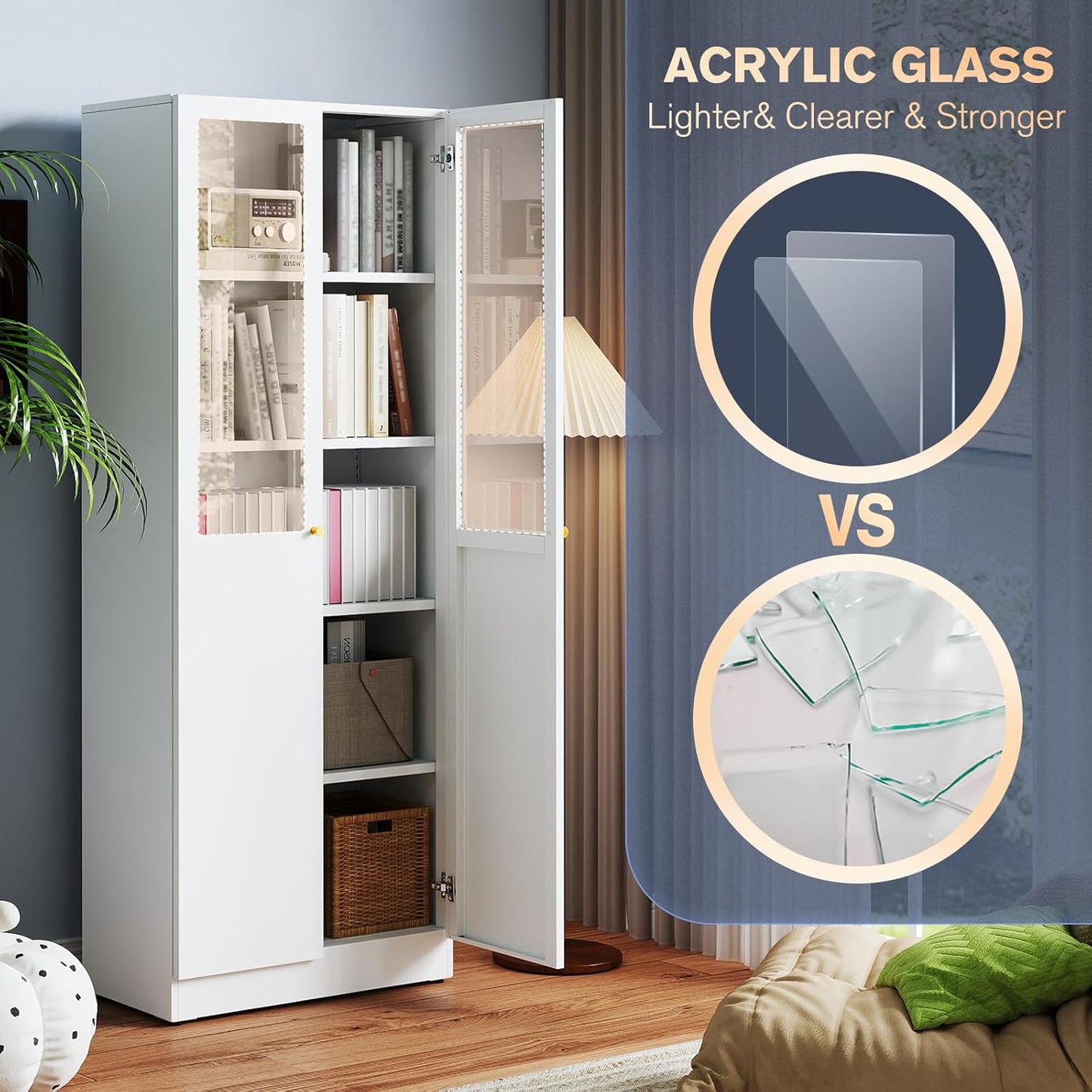 5 Tier Metal Curio Cabinets, Modern Bookshelf Cabinet with 4 Adjustable Shelves, Cabinet Display Case for Home Office, Living Room, Pantry (White-27.5W-Metal Door)