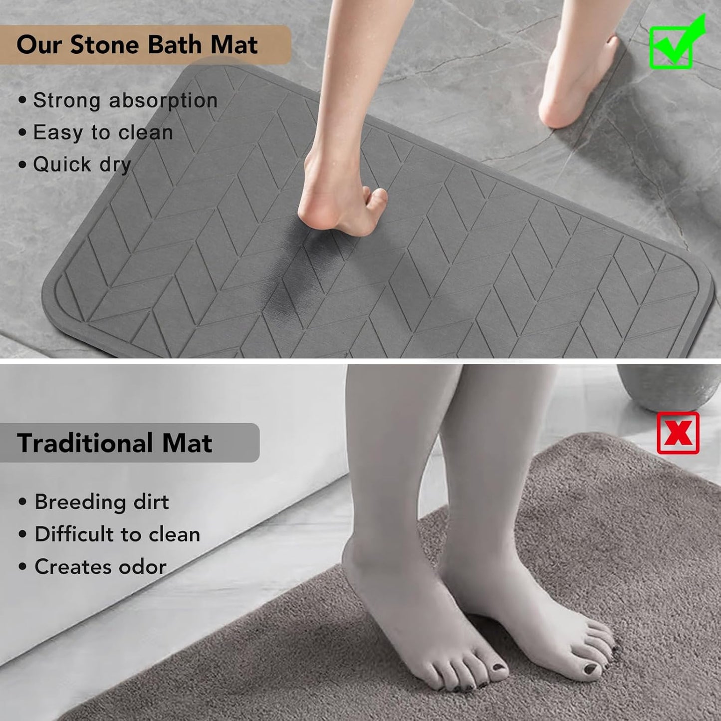 Stone Bath Mat, Diatomaceous Earth Shower Mat, Non-Slip Super Absorbent Quick Drying Bathroom Floor Mat, 2 Pack, Grey