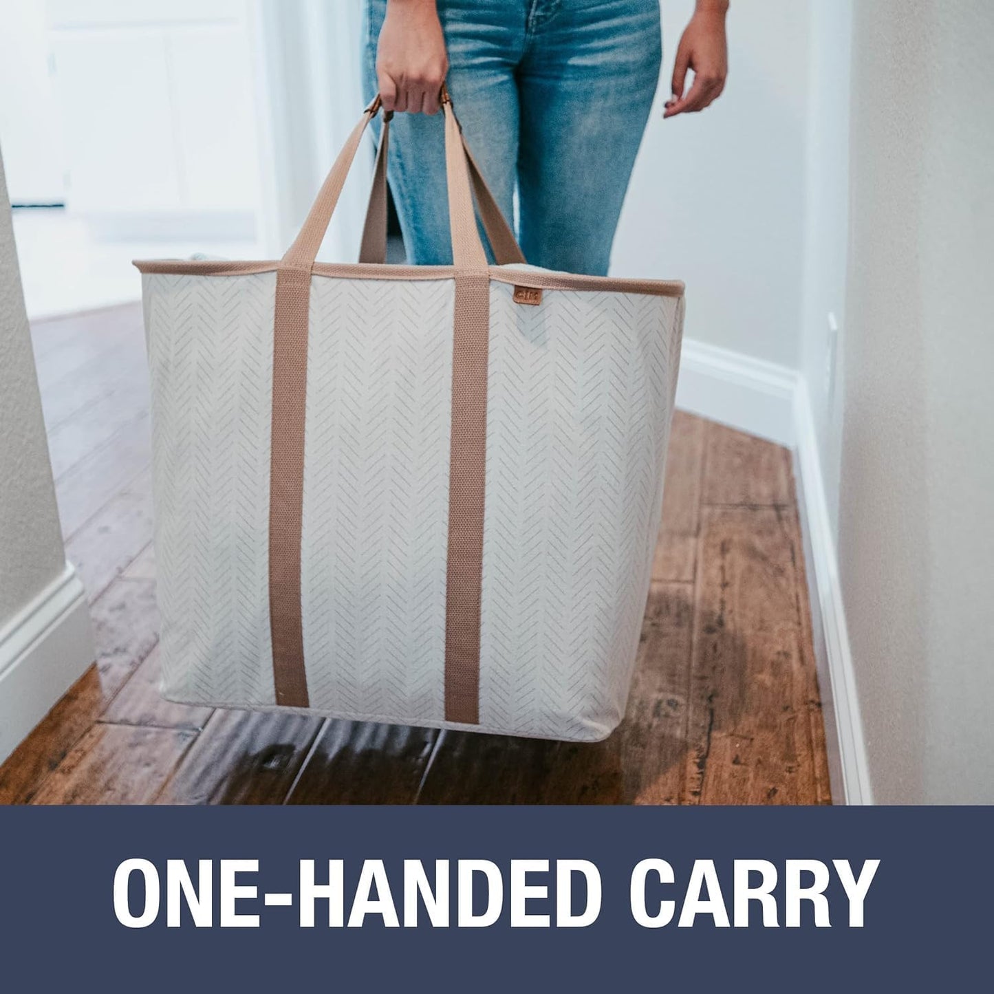 CleverMade Collapsible Laundry Caddy -LUXE Cream Herringbone 2Pack 64L -Foldable Storage Organization Container Clothes Laundry Room Storage Solution