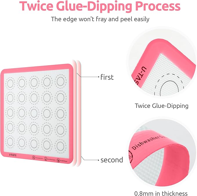 446ºF Heat Resistant Macaron Mat: U-Taste 11x11in Non Stick Silicone Baking Mat, Reusable Cookies Pastry Sheet Liner with Edge Enhancement & Circle Measurement for Square Cake Pan (2 PCS, Pink)