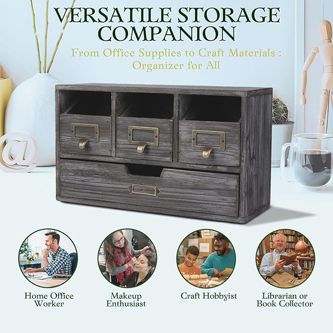 Flexzion Apothecary Cabinet with 4 Drawers - Vintage Rustic Wood Desktop Organizer for Home & Office Supplies - Tabletop Wooden Storage for Catalog, Card, Jewelry, Makeup, Craft & Tools