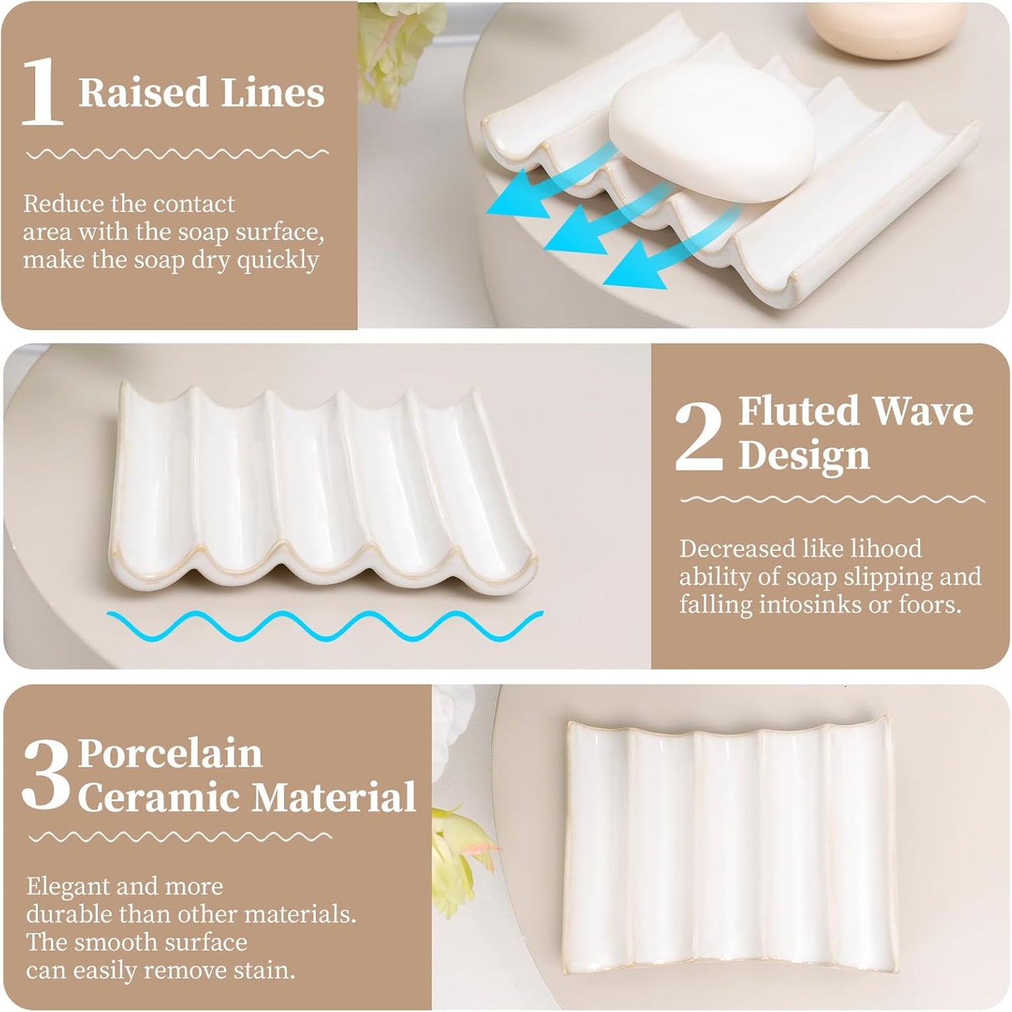 Ceramic Soap Dish, Bar Soap Holder with Self Draining Design, Large Soap Tray for Shower, Sink, Countertop, Bathroom & Kitchen, ANTIS'S HOME (White)