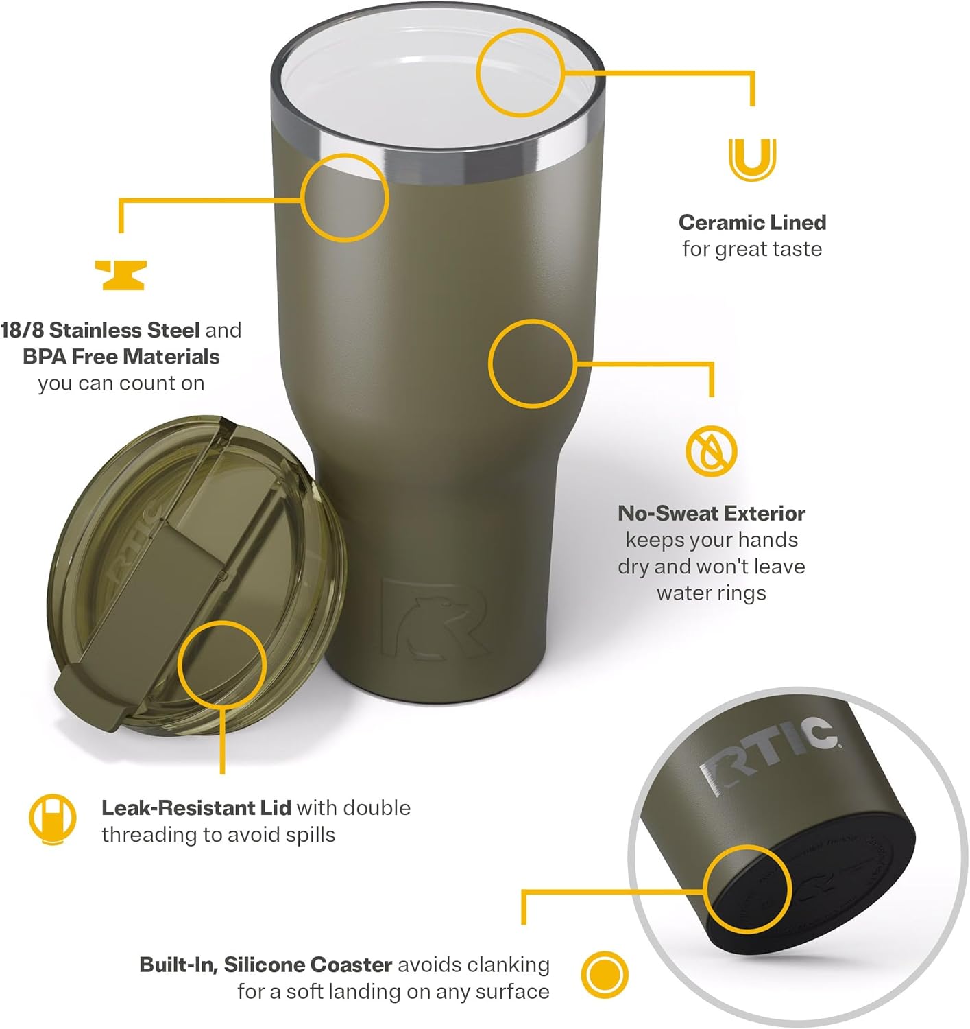 RTIC 40oz Essential Tumbler with Lid, Ceramic Lined, Insulated, Stainless Steel, Metal, Double Wall Vacuum-Insulation, Travel Cup for Iced Coffee, Tea, Hot and Cold Drink, Olive