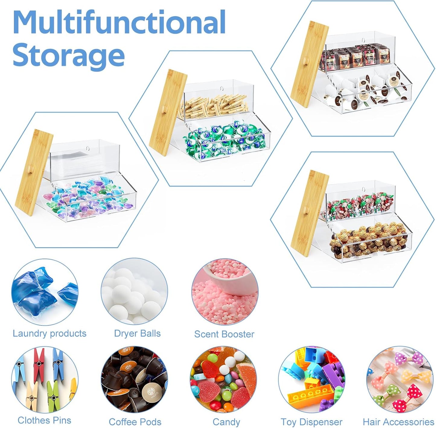 JYPS 2-in-1 Laundry Organizer with Large Capacity: Double-Layer Transparent Acrylic Storage Box with Bamboo Lid for Pods, Dryer Sheets & Supplies