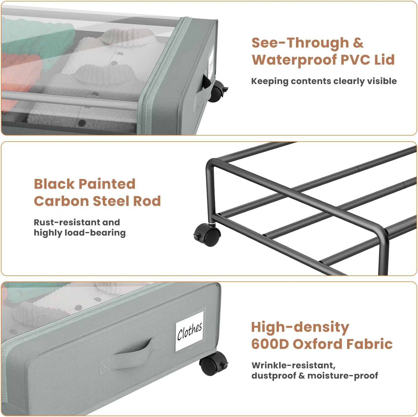 Under Bed Storage Containers with Clear Lid, Large Under Bed Storage with Wheels,6.22"H Under Bed Containers Rolling Under Bed Cart, Fabric & Metal Frame Under Bed Drawer for Clothes;Grey, 2 Pack