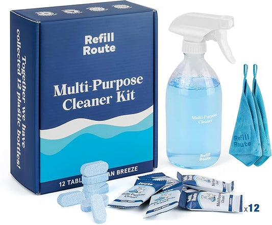 All Purpose Cleaner Starter Kit – Eco-Friendly Multipurpose Cleaner Set with Refillable Glass Spray Bottle, 12 Concentrated Cleaner Tablets & 2 Microfiber Cloths（12 x 16 Fl oz）–Plastic-Free