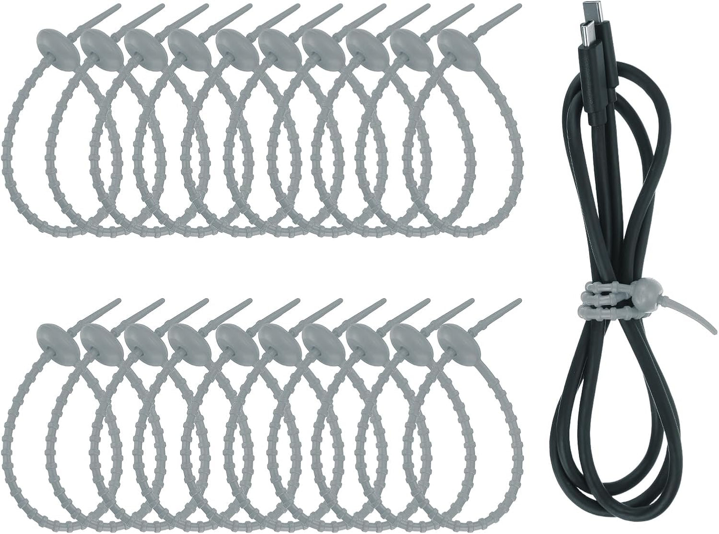uxcell 20 Pcs Silicone Ties Bag Clip, 8.5 Inch Multi Purpose Silicone Zip Ties Reusable Rubber Zip Tie, Cable Strap Cord Organizer for Home Office Food Bag Wires Cables, Gray