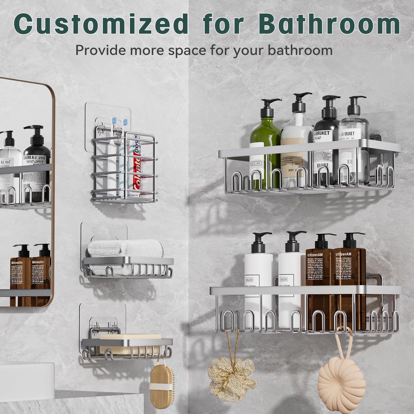 Shower Caddy Organizer Rack Shelf with Soap and Toothbrush Holder,Stainless Steel Organizer for Bathroom Organizers and Storage,No Drilling Wall Mounted Rack Bathroom Caddy Silver,5-Pack