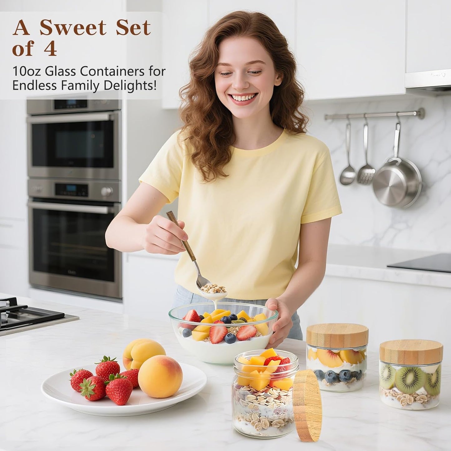 10oz Overnight Oats Containers with Bamboo Lids, Glass Jars with Airtight Lids, Wide Mouth Mason Meal Prep Jars, Food Storage Container for Yogurt Salad Chia Pudding Snacks Spice Sugar,4 Pack