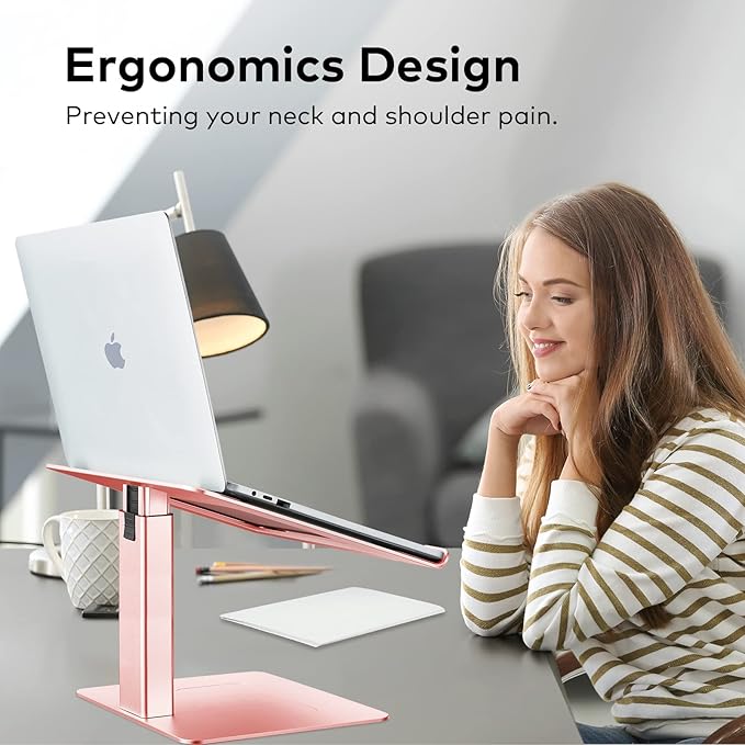 Laptop Stand for Desk, Ergonomic Aluminum Laptop Stand Adjustable Height from 7-15", Sitting and Standing Laptop Riser for 10-17" Notebook (Rose Pink)