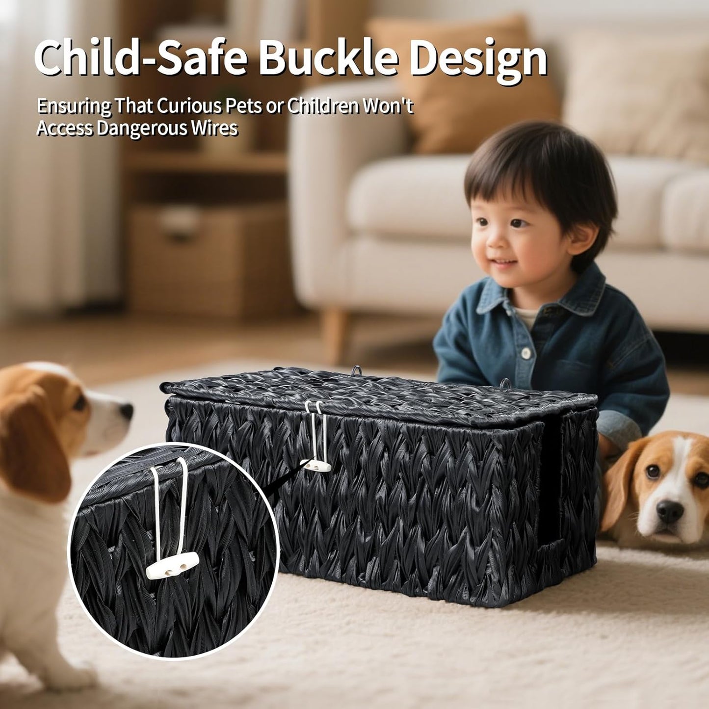 Black Cable Management Box,2 Pack Large & Medium Rattan Cable Organizer Box for Power Strip,2 Open Slots Cords Hider Box for TV Wires, Computer, Router, USB Hub and Under Desk Power Strip