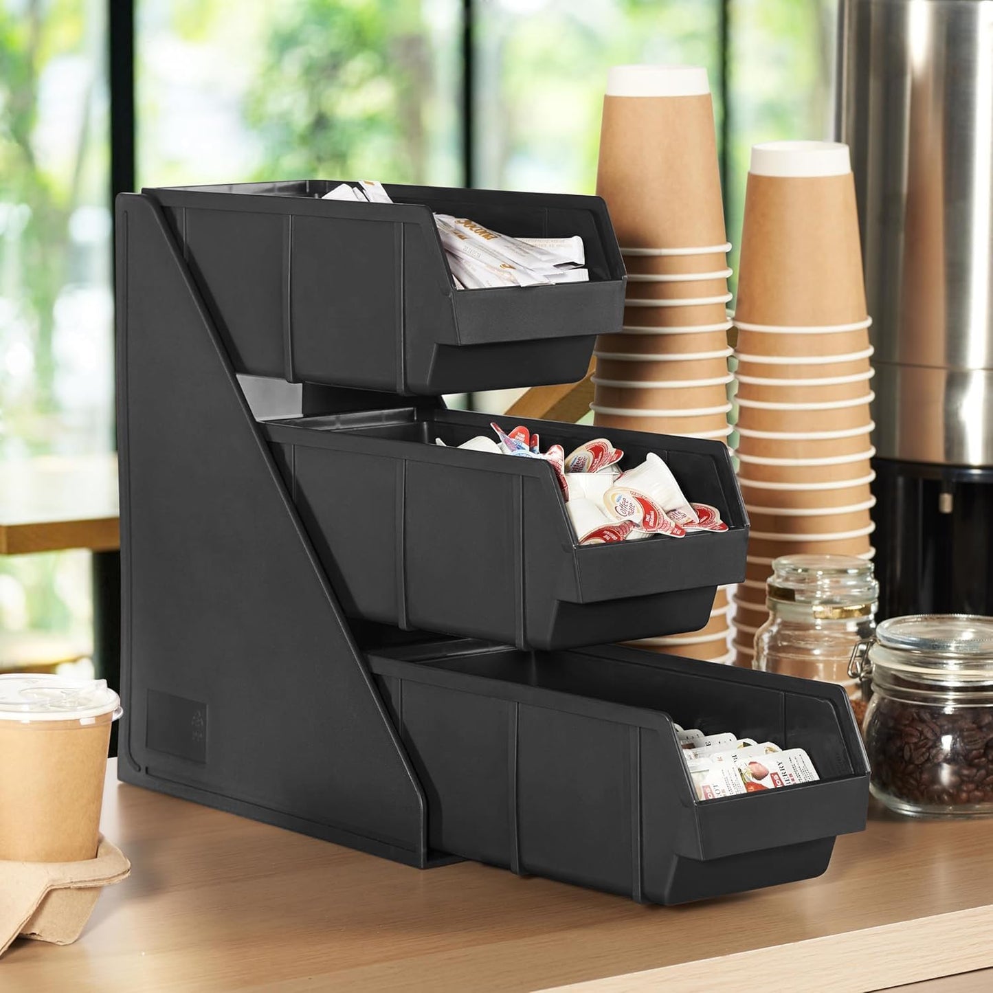 CURTA Black Self Serve Condiment Bin Stand Set, 3-Tier Stand with 6 Bins, 20" D x11.5" W x 14" H, Coffee Bar Beverage Station