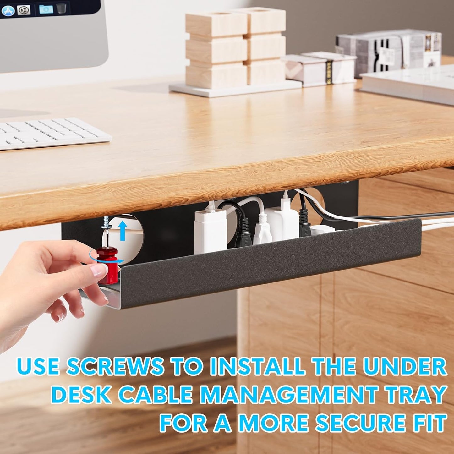 2 Pcs Black Steel Under Desk Cable Management Tray Organizer, Industrial Style, Self-Adhesive or Screw-In Installation, Larger Capacity, Premium Metal Material, Upgraded Cable Routing Holes