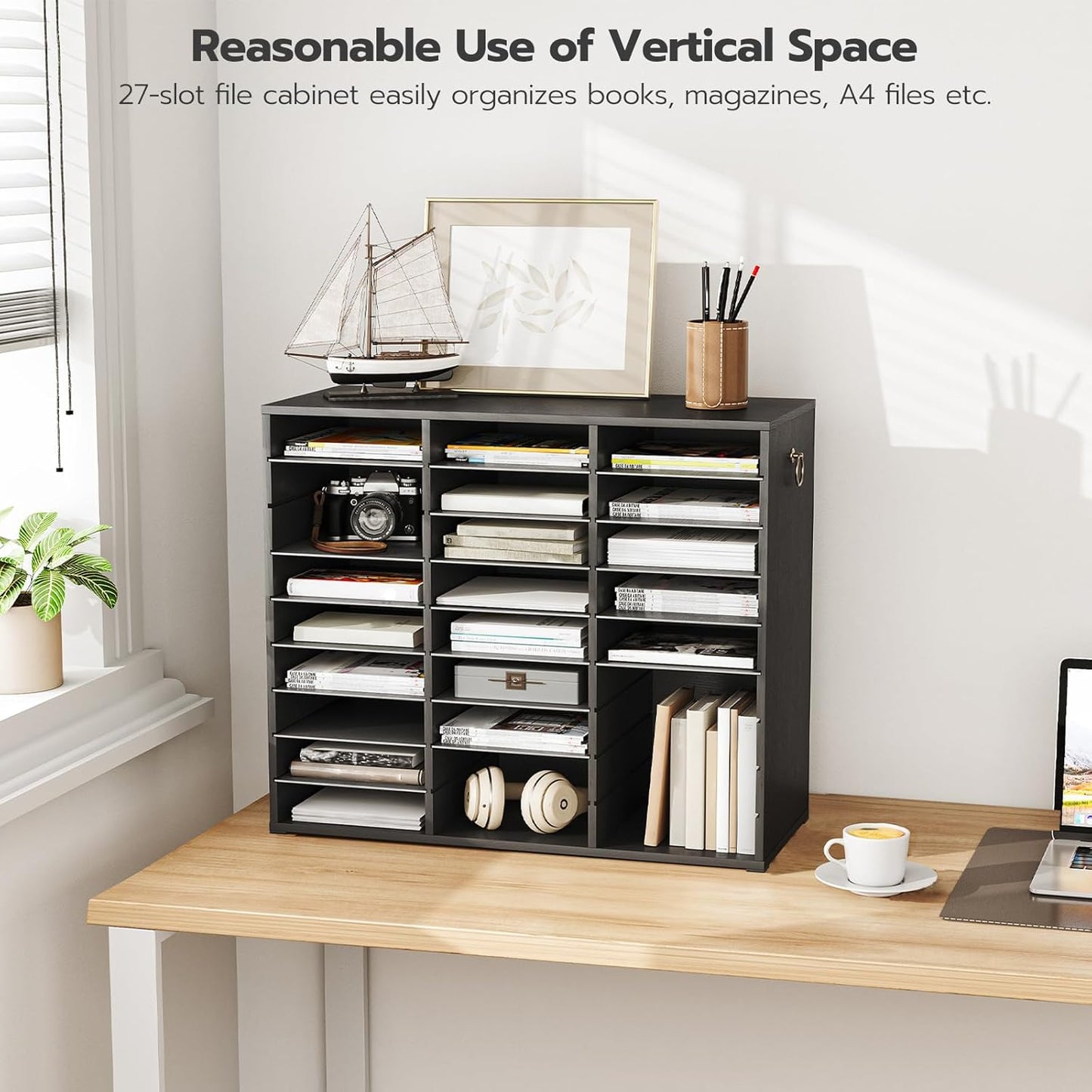 HOOBRO Literature Organizer, 27 Compartments Wooden Mail Organizer, Countertop Literature Sorter with Adjustable Shelves for Home, Office, School, Student Mailbox for Classroom, Black BK27WF01