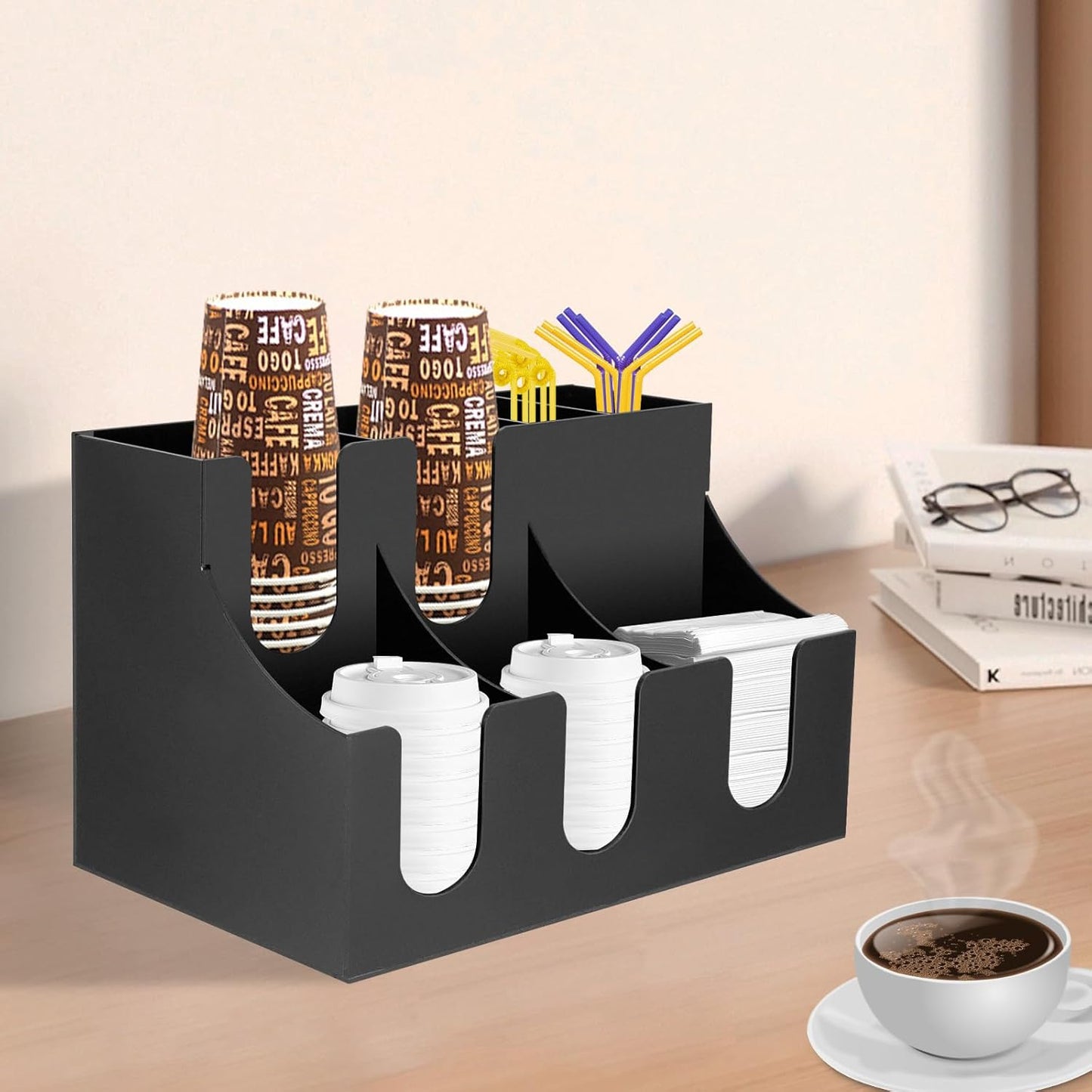 Coffee Bar Organizer for Countertop, Acrylic Coffee Station Organizer Condiment Organizer Coffee Cup Syrup Pod Holder, Coffee Bar Organizer for Home Office Cafe, 7 Compartment, Black