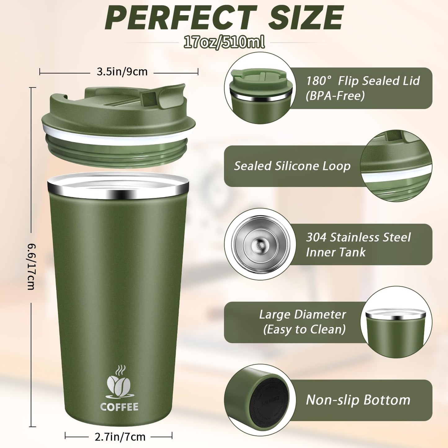 Insulated Travel Coffee Mug Reusable Coffee Tumbler Cup with Flip Lid Leak Proof Spill Proof for Office School Party Camping Hot and Cold Drink,Stainless Steel 17oz (Army Green)