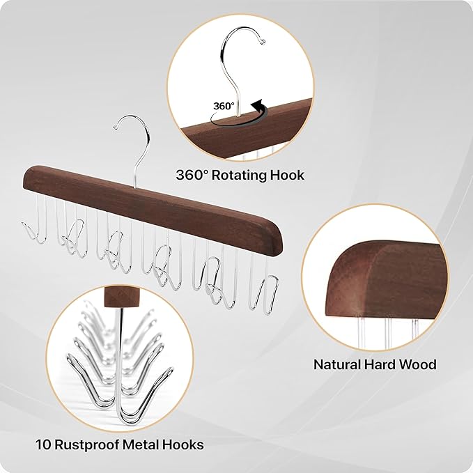 Umo Lorenzo Premium Wooden Tie and Belt Hanger - Gift Set for Men - Walnut Wood Organizer and Storage Rack