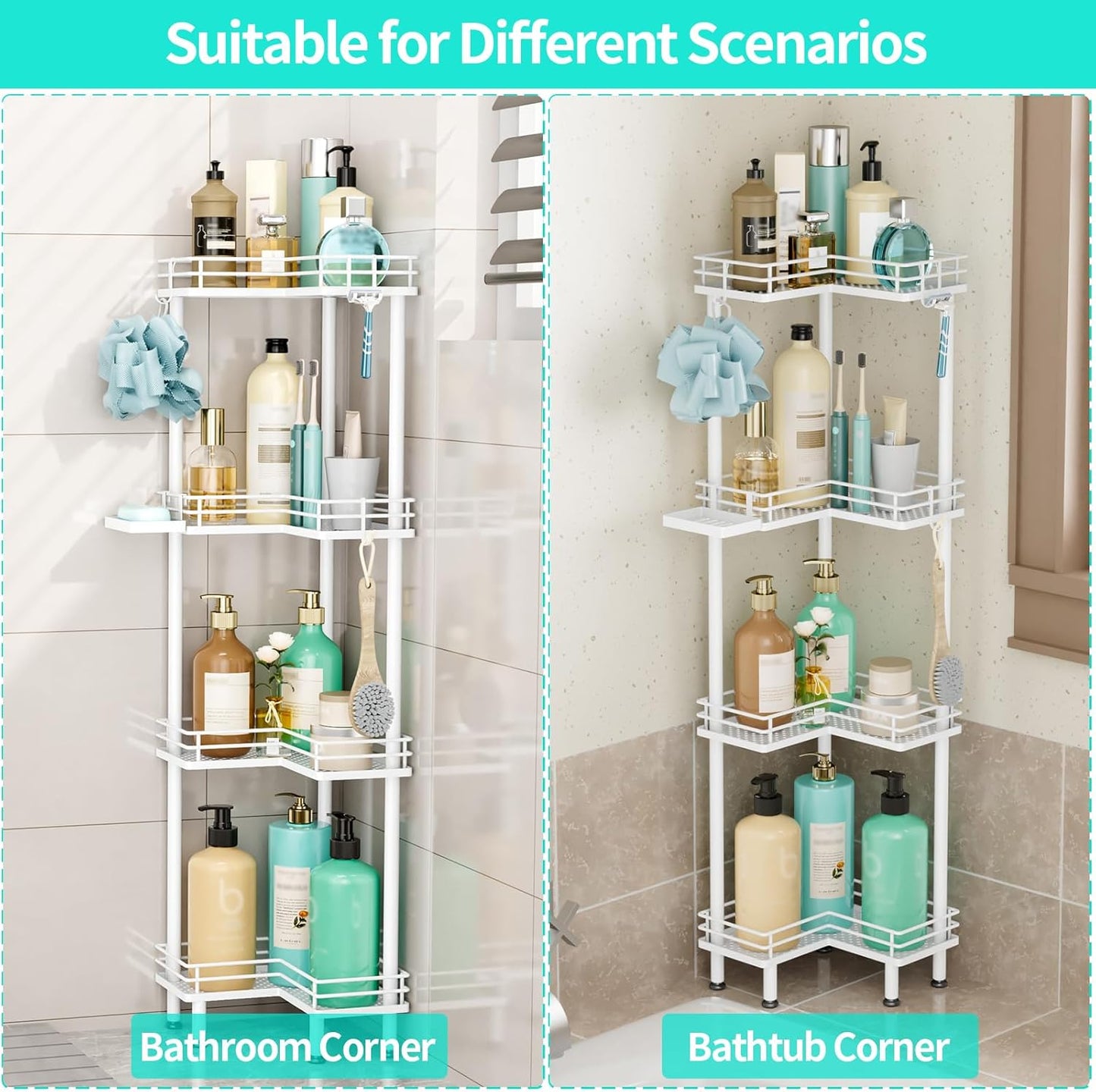 HapiRm Corner Shower Caddy Organizer - 4 Tier Shower Shelf Corner with Soap Holder, Rustproof Bathroom Standing Organizer with 4 Hooks, White