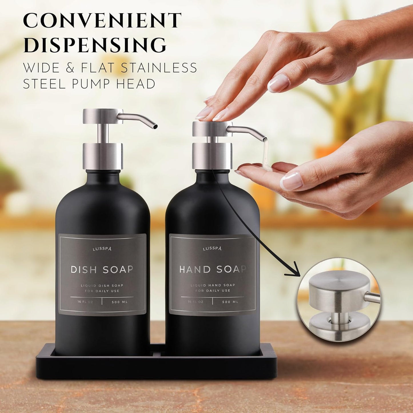 Lotion, Hand & Dish Soap Dispenser for Kitchen Sink - Bathroom Soap Dispenser Set of 2 16.8 Oz Glass Bottles with Stainless Steel Pump, 15 Water Proof Labels & Silicon Tray (Black/Silver)