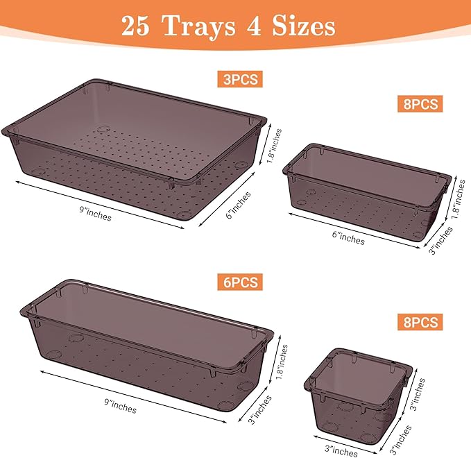 25 PCS Plastic Drawer Organizer Set, 4-Size Versatile Organizer Trays & storage Bins for Makeup, Jewelry, and Gadgets in Bathroom, Bedroom and Office,Brown