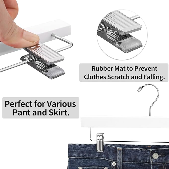 AMKUFO 20pcs Wooden Pants Hangers Solid Pants Hangers with Adjustable Clips 14 Inch White Wood Skirt Hangers Trousers Bottom Hangers with Non-Slip Clips and 360° Swivel Hook